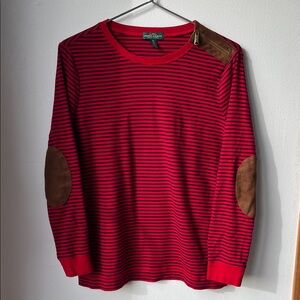 Ralph Lauren Red/Blue Striped Long Sleeve Shirt w/ suede accents